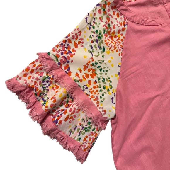 Umgee Blouse Womens 1XL Short Sleeve Pink Frayed Ruffled Cheetah Top Boho.   C42 - Picture 2 of 13